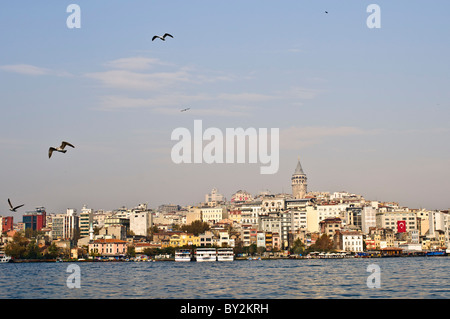 Tour de Galata quartier de Beyoglu Istanbul Turquie // ISTANBUL, Turquie — la tour de Galata et le quartier de Beyoglu sont vus depuis le quartier riverain d'Eminonu (aujourd'hui rebaptisé Fatih). La tour historique se dresse bien en évidence au milieu du paysage urbain dense, avec des mouettes volant au-dessus de l'eau au premier plan. Banque D'Images