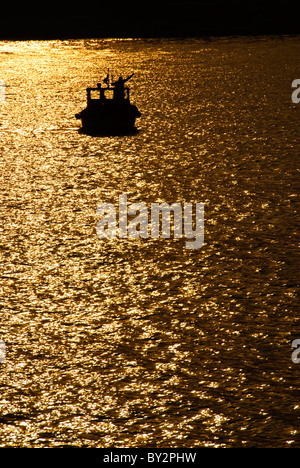 ISTANBUL, Turquie / Türkiye / Türkiye — Un seul petit bateau de pêche est dessiné contre le reflet sur l'eau du soleil couchant doré sur le détroit du Bosphore (Bosphore) à Istanbul, Turquie. Le Bosphore, une voie navigable vitale reliant la mer Noire à la mer de Marmara, offre des scènes étonnantes d'Istanbul avec ses monuments historiques et son activité maritime animée. Ce détroit emblématique divise la ville en deux côtés européens et asiatiques, avec de magnifiques palais, mosquées et ponts au bord de l'eau. Banque D'Images