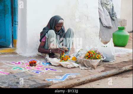Personnes âgées femme indienne faisant des guirlandes de fleurs à l'extérieur de sa maison au cours de la fête hindoue de Sankranthi. Puttaparthi, Andhra Pradesh, Inde Banque D'Images