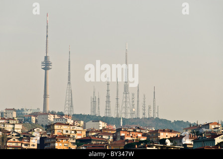 ISTANBUL, Turquie / Türkiye / Türkiye — Un groupe de tours radio se dresse sur la crête du côté asiatique d'Istanbul. Le Bosphore, une voie navigable vitale reliant la mer Noire à la mer de Marmara, offre des scènes étonnantes d'Istanbul avec ses monuments historiques et son activité maritime animée. Ce détroit emblématique divise la ville en deux côtés européens et asiatiques, avec de magnifiques palais, mosquées et ponts au bord de l'eau. Banque D'Images