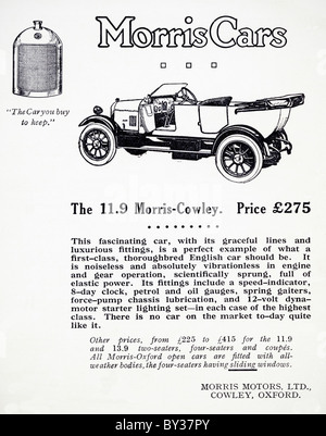 Publicité originale pour Morris Motors Ltd 11,9 Morris-Cowley Bullnose voiture fabriquée de 1920 à 1926 dans la région de Cowley Oxford England UK Banque D'Images