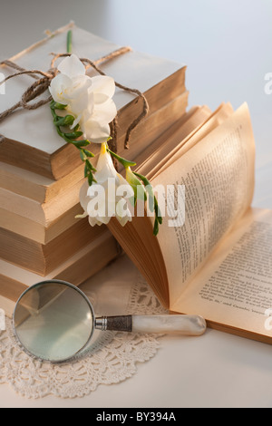 Loupe à côté pile de livres avec des fleurs Banque D'Images