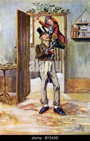 Bob Cratchit porte son fils Tiny Tim sur ses épaules alors qu'il entre dans leur maison-de Dickens' Christmas Carol. Banque D'Images