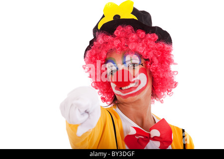 Funny clown dirigée vers vous (isolé sur blanc) Banque D'Images