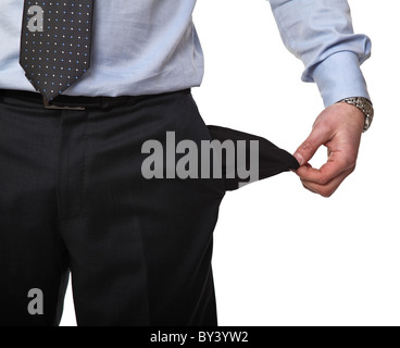 Bhusinessman montrer sa poche vide isolé sur fond blanc Banque D'Images