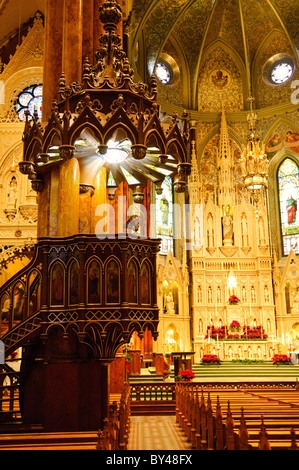 Basilique Saint Patrick Chaire Ornée Montréal Canada | MONTRÉAL, Canada — La chaire en bois finement sculptée à l'intérieur de la Basilique Saint Patrick, une église de style néo-gothique français construite entre 1843 et 1847 pour servir la communauté catholique irlandaise de Montréal. L'église a été conçue par l'architecte Pierre-Louis Morin et le prêtre jésuite Père Félix Martin sous la Société de Saint-Sulpice, avec ses éléments de décoration achevés dans les années suivant la première messe le jour de la Saint-Patrick, le 17 mars 1847. Le travail artisanal détaillé de la chaire est représentatif du programme décoratif plus large qui fait la Banque D'Images