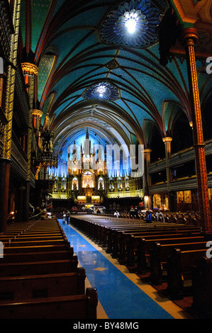 Autel principal de la basilique notre-Dame intérieur Montréal // MONTRÉAL (Québec) — autel principal et intérieur de la basilique notre-Dame au cœur du Vieux-Montréal. Avec l'extérieur modelé vaguement sur la célèbre notre Dame de Paris, lorsque la deuxième tour a été achevée dans les années 1840, la basilique était la plus grande église d'Amérique du Nord. Il dispose d'un éclairage intérieur spectaculaire et d'une décoration exceptionnellement ornée partout avec un orgue composé de 9000 tuyaux. Banque D'Images