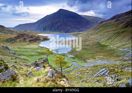 Llyn Idwal en automne soutenu par Pen An Wen Ole & vue de la cuisine Devils, Parc National de Snowdonia, le Nord du Pays de Galles, Royaume-Uni Banque D'Images