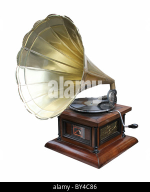 Un vieux gramophone corne laiton et enregistrer. Banque D'Images