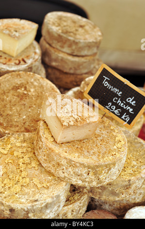 La Tomme de chevre cheese à vendre à un marché de rue Française Banque D'Images