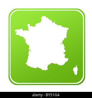 Carte de France en silhouette sur vert bouton Eco, isolé sur fond blanc. Banque D'Images