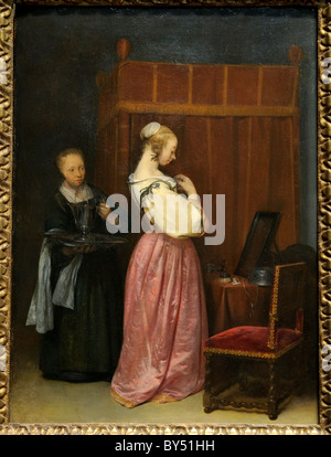 Une jeune femme à sa toilette avec une femme de chambre, ca. 1650-51, par Gerard Ter Borch Banque D'Images