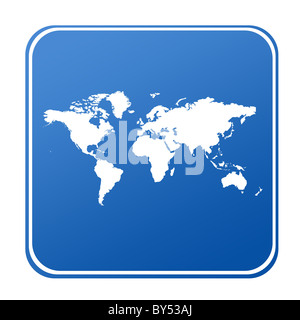 Plan de monde sur bouton bleu ; isolé sur fond blanc. Banque D'Images