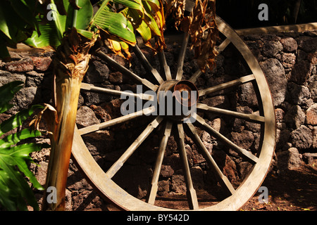 Roue de chariot en bois ancien leaning on wall Banque D'Images