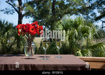Deux verres de vin blanc et d'un vase de marguerites Gerbera sur une table, à l'extérieur Banque D'Images