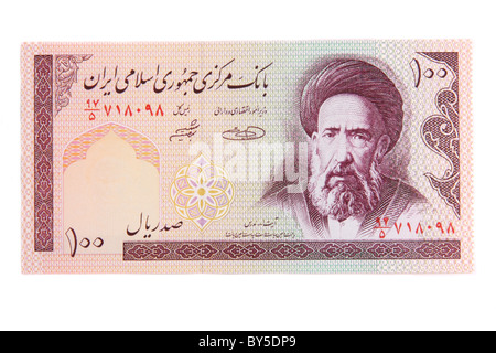 Une note de la banque iranienne avec l'Ayatollah Sayyid Hassan Modarres à partir de 1985 pour 100 Rials Banque D'Images