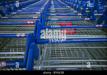 Rangées de chariots tesco bleu en stationnement. Seulement ÉDITORIALE Banque D'Images