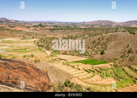 Paysage de rizières et de cultures variées à environ 20 km au nord d'Antananarivo, capitale de Madagascar. Banque D'Images