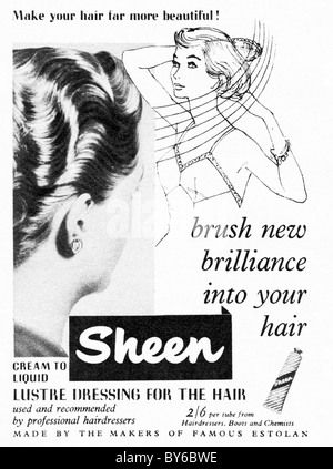 1950 Annonce dans le magazine de mode pour femmes pour Sheen luster habillage pour les cheveux Banque D'Images