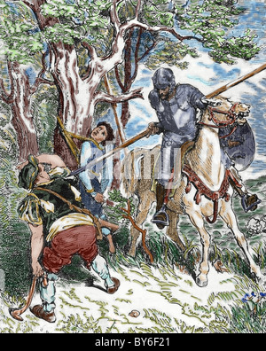 L'ingénieux hidalgo Don Quichotte de la manche de l'auteur espagnol Miguel de Cervantes (1547-1616). Scène avec Don Quichotte.