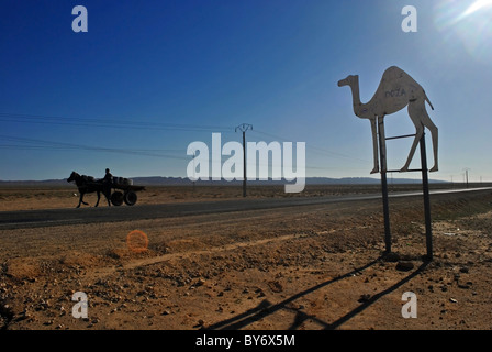 Route du désert et chameau panneau près de Douz, Tunisie Banque D'Images