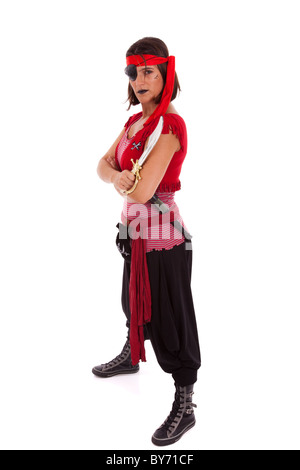 Femme vêtue d'un costume de pirate (isolé sur blanc) Banque D'Images