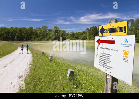 Deux jeunes filles marchant le long de l'Isar, Isarmuend, Basse Bavière, Allemagne Banque D'Images