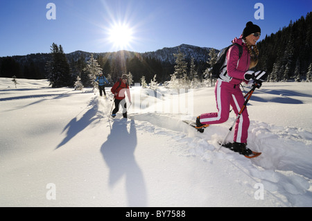 Les gens de raquette en paysage enneigé, Hemmersuppenalm, Reit im Winkl, Chiemgau, Haute-Bavière, Bavaria, Germany, Europe Banque D'Images