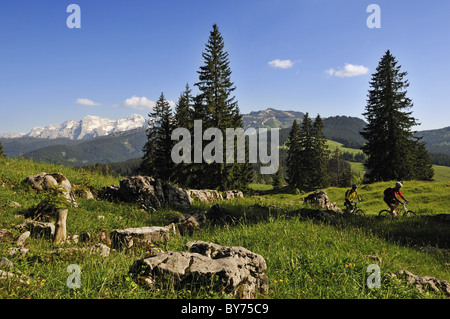 Les gens sur des vtt à Winklmoos alp en face de Loferer la Coudouliere, Reit im Winkl, Bavaria, Germany, Europe Banque D'Images