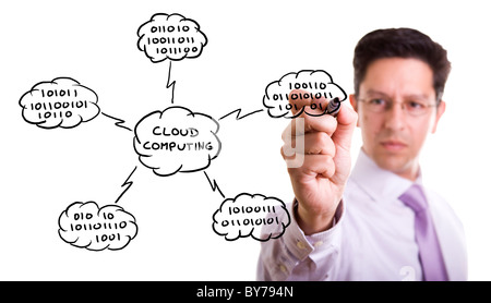 Un homme d'élaboration du schéma de Cloud Computing sur le tableau blanc (selective focus) Banque D'Images