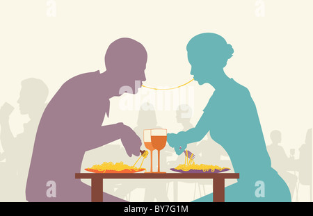 Illustré en couleurs silhouette d'amants mange du spaghetti ensemble dans un restaurant. Banque D'Images