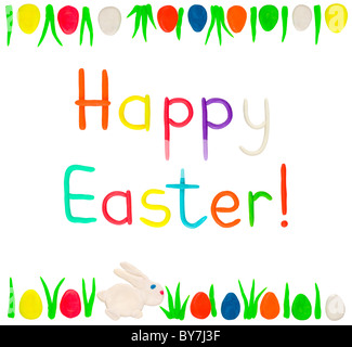 Joyeuses Pâques - carte collage de mots, chiffres et pâte à modeler isolated over white, le travail de ma fille Banque D'Images