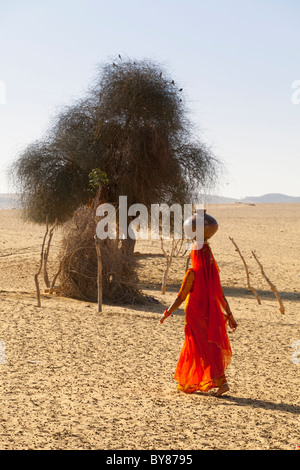 L'Inde, Rajasthan, désert du Thar, femme indienne transportant de l'eau pot traditionnel Banque D'Images