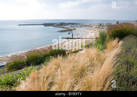 Vue sur Jardins Langmoor vers la plage et le quartier du port à Lyme Regis, dans le Dorset Banque D'Images