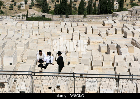 Les Juifs orthodoxes dans un cimetière juif sur le Mont des Oliviers à Jérusalem, Israël. Banque D'Images