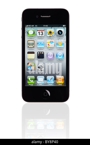 Apple iPhone 4 découper sur fond blanc avec la réflexion et chemin de détourage. Banque D'Images