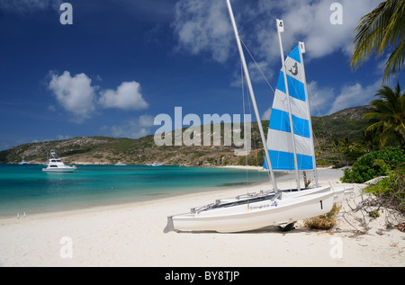 Catamarans à voile rayé bleu et blanc sur Anchor Bay, Lizard Island, Grande Barrière de Corail, Queensland, Australie Banque D'Images