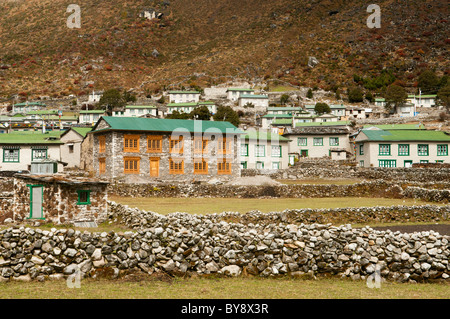 Maisons en pierre du village de Khumjung Sherpa dans la région de l'Everest Népal Banque D'Images