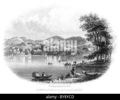 Gravure intitulée Bowness de Belle Isle Windermere Royaume-Uni scanné à haute résolution d'un livre pré 1864 sur le Lake District. Je pensais libre de droits d'auteur. Banque D'Images