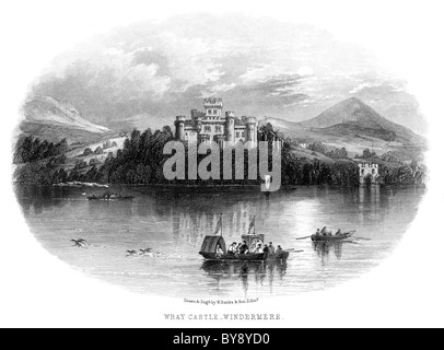 Une gravure intitulée Wray Castle - Windermere numérisées à haute résolution à partir d'un livre sur le Lake District avant 1864 publié Banque D'Images