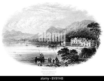 Une gravure intitulée Windermere de Lowwood Hotel numérisée à haute résolution d'un livre pré 1864 sur le Lake District. Je pensais libre de droits d'auteur. Banque D'Images