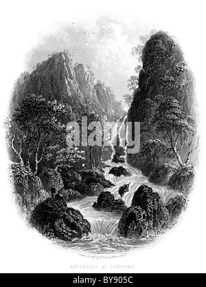 Une gravure intitulée Chute d'eau à Lowdore numérisées à haute résolution à partir d'un livre sur le Lake District avant 1864 publié Banque D'Images