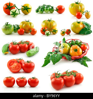 Ensemble de fruits rouges et tomates jaunes isolated on White Banque D'Images