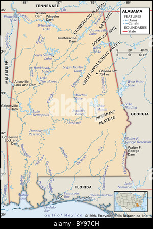 Carte Physique de l'Alabama Banque D'Images