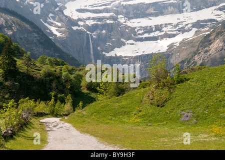 Vue vers le cirque de Gavarnie. parc national des Pyrénées, les Pyrénées, France. juin. Banque D'Images