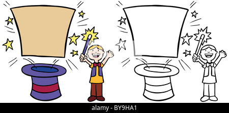 Caricature de droit d'un magicien fait un tour de magie avec ouverture vierge sign - couleur et noir / blanc versions. Banque D'Images