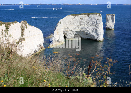 Rock Old Harry et le Bournemouth au-delà, La Baie de Swanage, à l'île de Purbeck, Dorset, Angleterre, Grande-Bretagne, Royaume-Uni, UK, Europe Banque D'Images