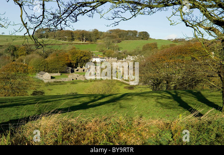 L'Abbaye de Dundrennan à travers les arbres, Galloway Banque D'Images