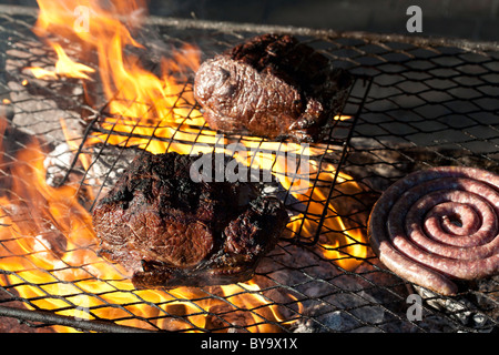 Sud-africain traditionnel appelé saucisses boerewors ou tout simplement d'être grillé sur un wors Braai traditionnel avec faux-s Banque D'Images