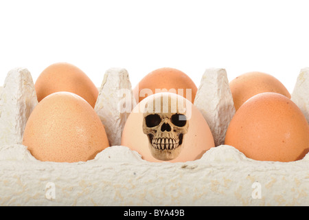 Crâne, oeufs, image symbolique de la nourriture contaminée, dioxine, scandale de l'alimentation animale Banque D'Images